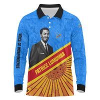 Patrice Lumumba Long Sleeve Polo Shirt with Congolese Flag Colors and African History Quote - Wonder Print Shop