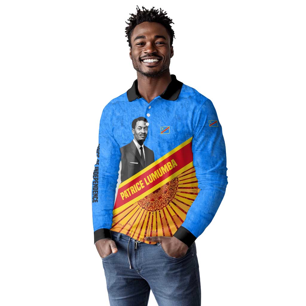 Patrice Lumumba Long Sleeve Polo Shirt with Congolese Flag Colors and African History Quote - Wonder Print Shop