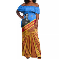 Patrice Lumumba Off Shoulder Maxi Dress with Congolese Flag Colors and African History Quote - Wonder Print Shop