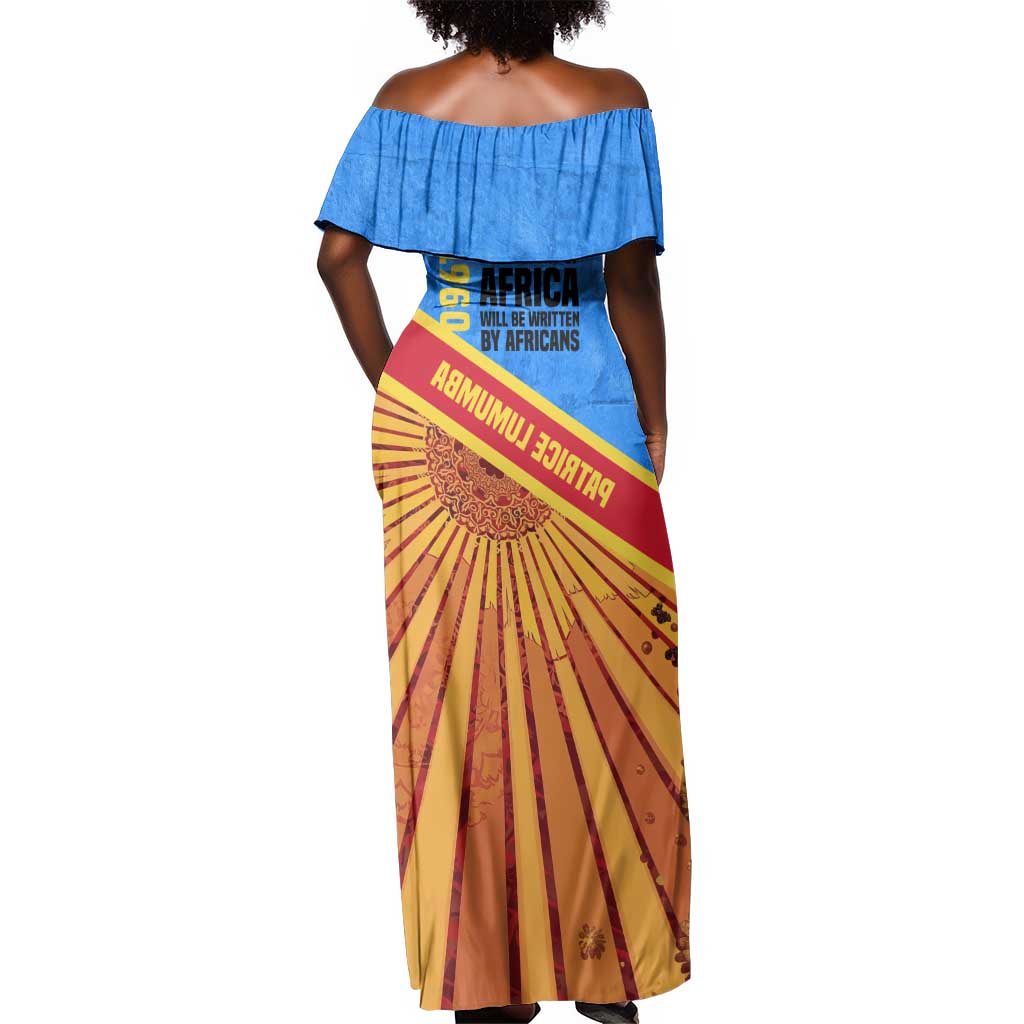 Patrice Lumumba Off Shoulder Maxi Dress with Congolese Flag Colors and African History Quote - Wonder Print Shop