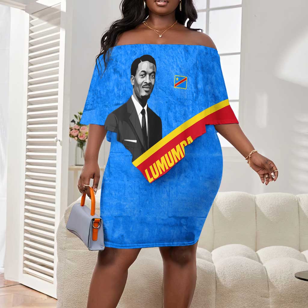 Patrice Lumumba Off Shoulder Short Dress with Congolese Flag Colors and African History Quote - Wonder Print Shop