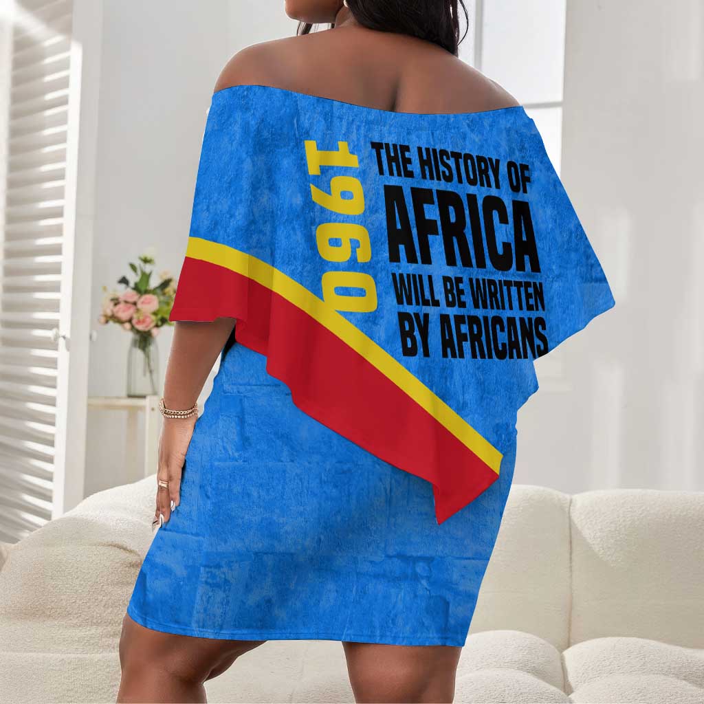 Patrice Lumumba Off Shoulder Short Dress with Congolese Flag Colors and African History Quote - Wonder Print Shop