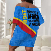 Patrice Lumumba Off Shoulder Short Dress with Congolese Flag Colors and African History Quote - Wonder Print Shop