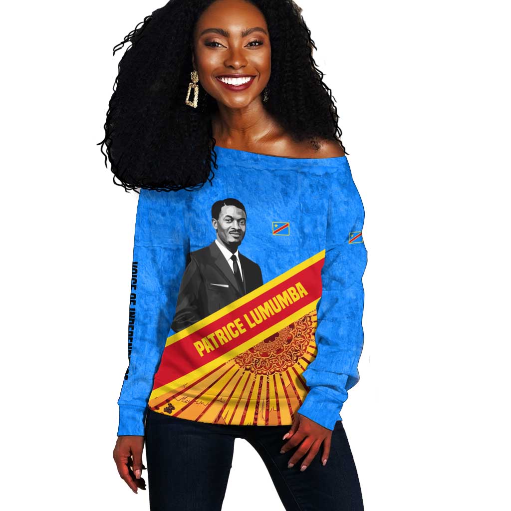 Patrice Lumumba Off Shoulder Sweater with Congolese Flag Colors and African History Quote - Wonder Print Shop