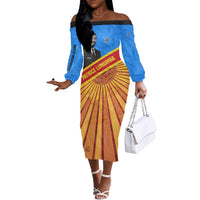 Patrice Lumumba Off The Shoulder Long Sleeve Dress with Congolese Flag Colors and African History Quote - Wonder Print Shop