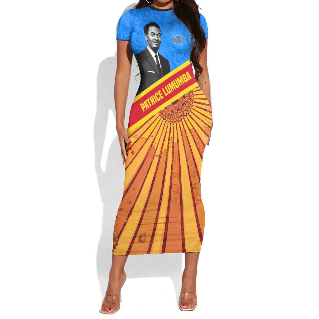 Patrice Lumumba Short Sleeve Bodycon Dress with Congolese Flag Colors and African History Quote - Wonder Print Shop