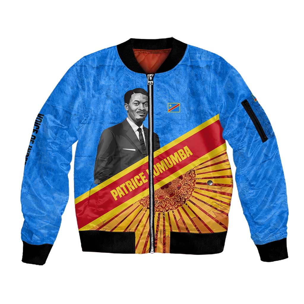 Patrice Lumumba Sleeve Zip Bomber Jacket with Congolese Flag Colors and African History Quote - Wonder Print Shop