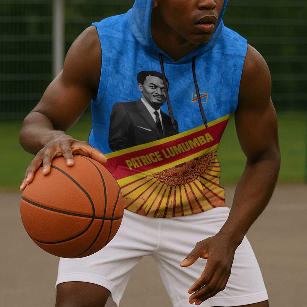 Patrice Lumumba Sleeveless Hoodie with Congolese Flag Colors and African History Quote - Wonder Print Shop