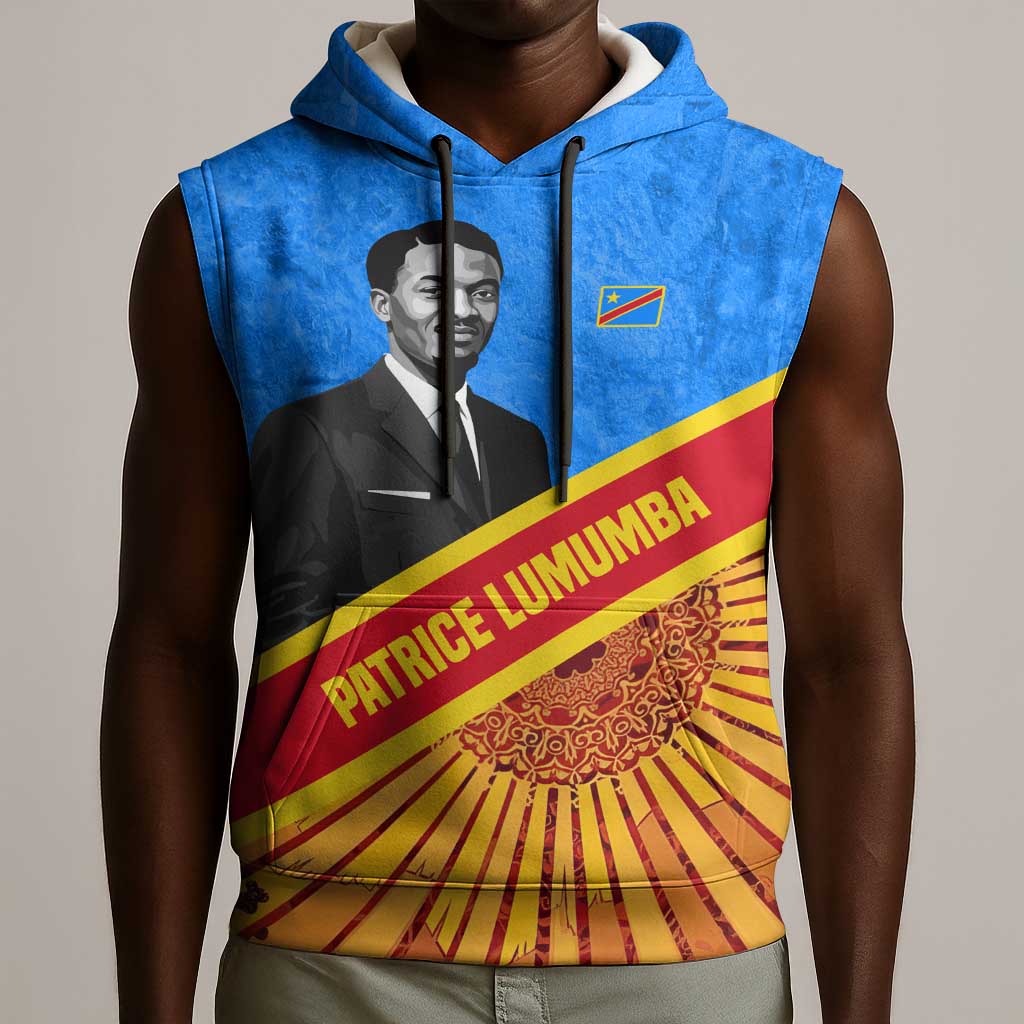 Patrice Lumumba Sleeveless Hoodie with Congolese Flag Colors and African History Quote - Wonder Print Shop