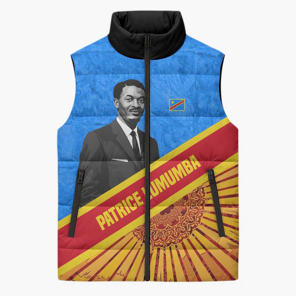 Patrice Lumumba Sleeveless Puffer Jacket with Congolese Flag Colors and African History Quote - Wonder Print Shop