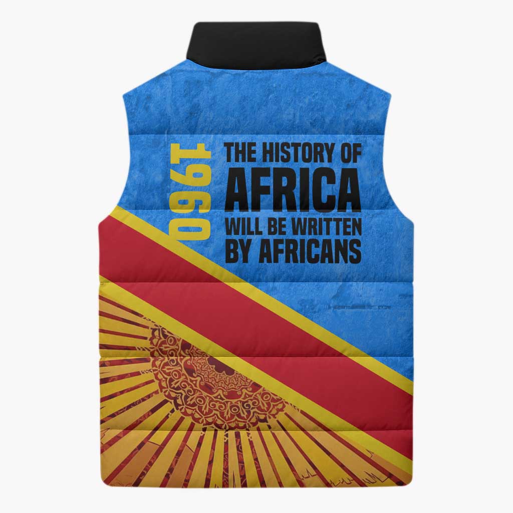 Patrice Lumumba Sleeveless Puffer Jacket with Congolese Flag Colors and African History Quote - Wonder Print Shop