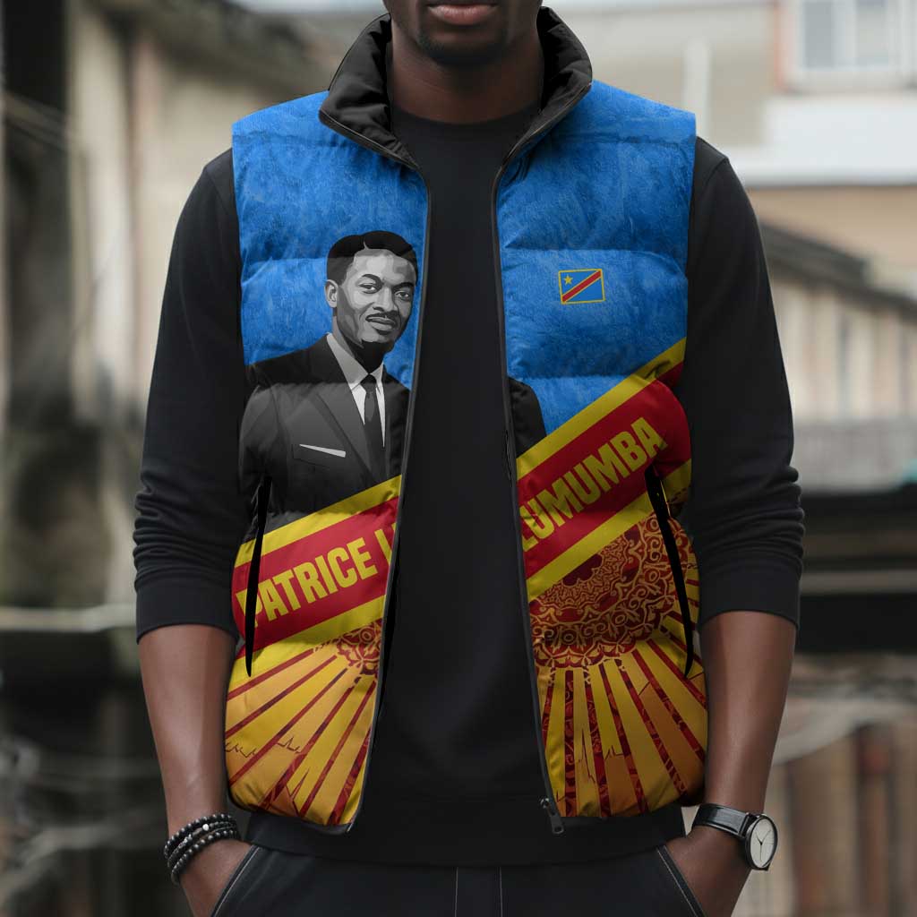 Patrice Lumumba Sleeveless Puffer Jacket with Congolese Flag Colors and African History Quote - Wonder Print Shop