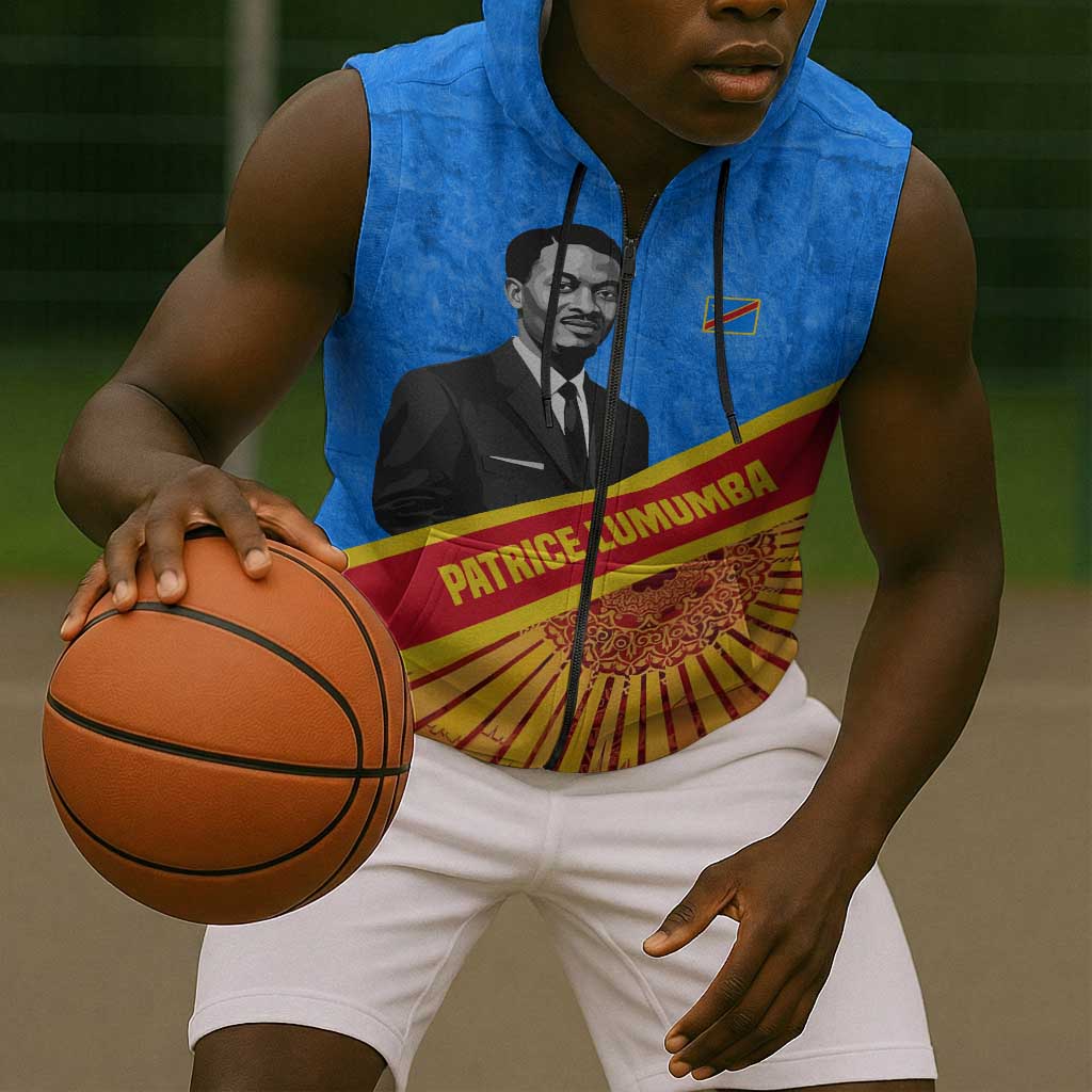 Patrice Lumumba Sleeveless Zip Hoodie with Congolese Flag Colors and African History Quote - Wonder Print Shop