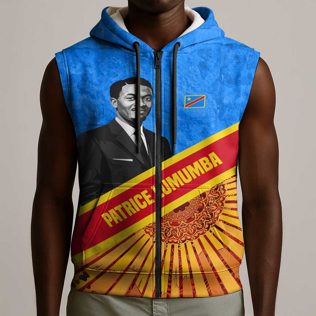 Patrice Lumumba Sleeveless Zip Hoodie with Congolese Flag Colors and African History Quote - Wonder Print Shop