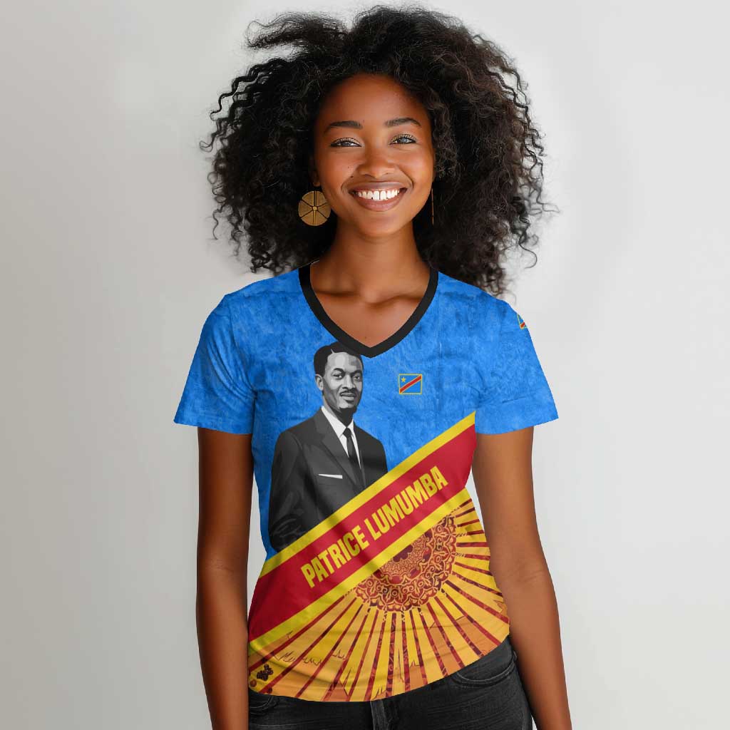 Patrice Lumumba Women V-Neck T-Shirt with Congolese Flag Colors and African History Quote - Wonder Print Shop