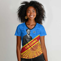 Patrice Lumumba Women V-Neck T-Shirt with Congolese Flag Colors and African History Quote - Wonder Print Shop