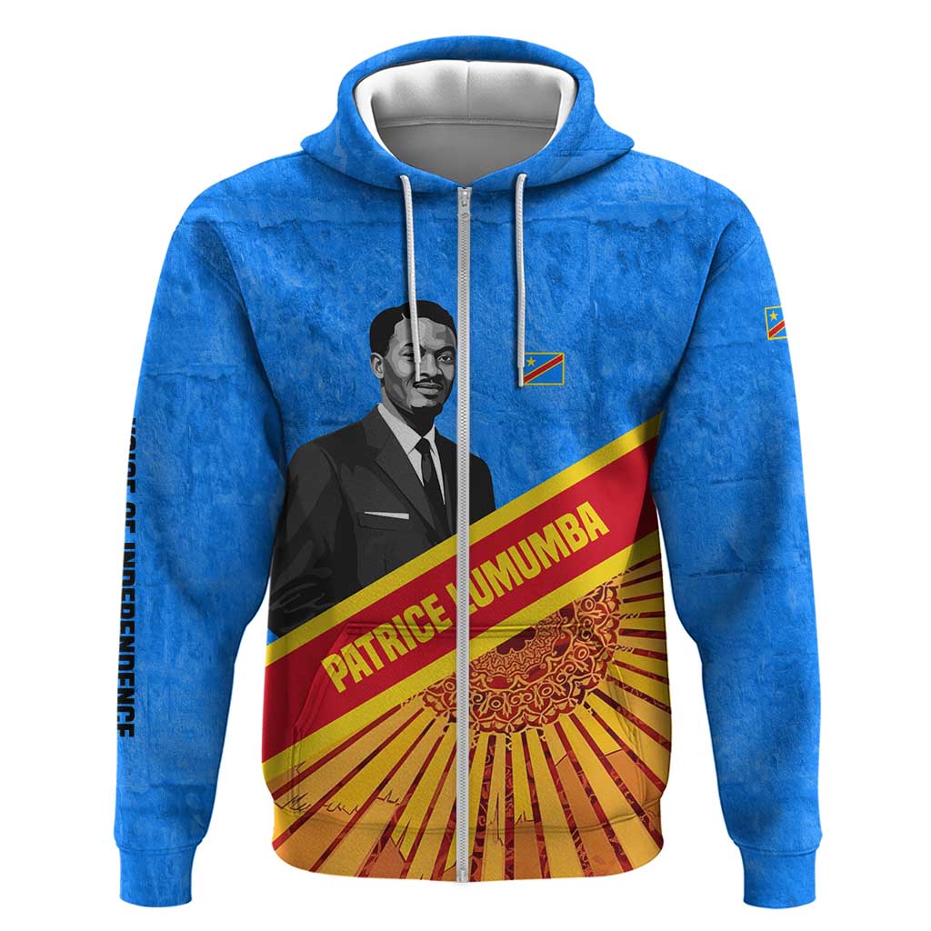 Patrice Lumumba Zip Hoodie with Congolese Flag Colors and African History Quote - Wonder Print Shop