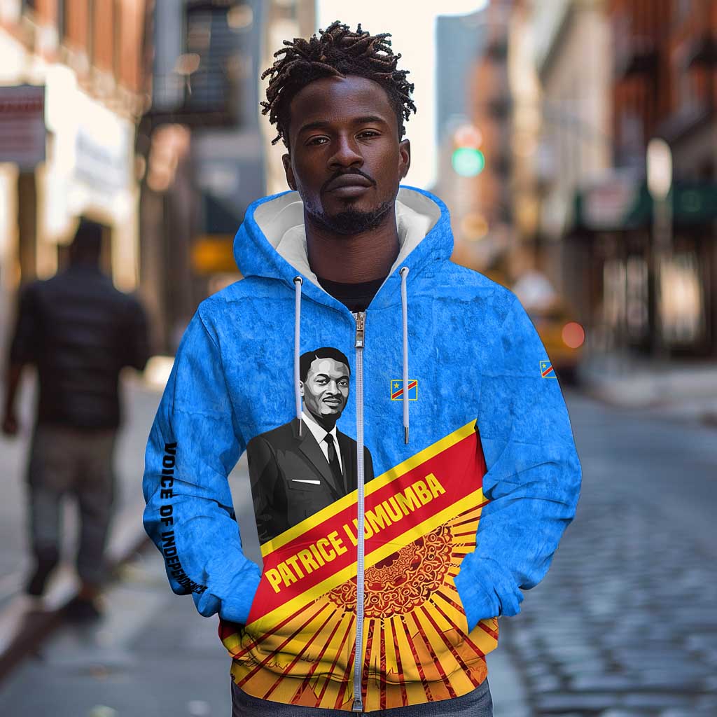 Patrice Lumumba Zip Hoodie with Congolese Flag Colors and African History Quote - Wonder Print Shop