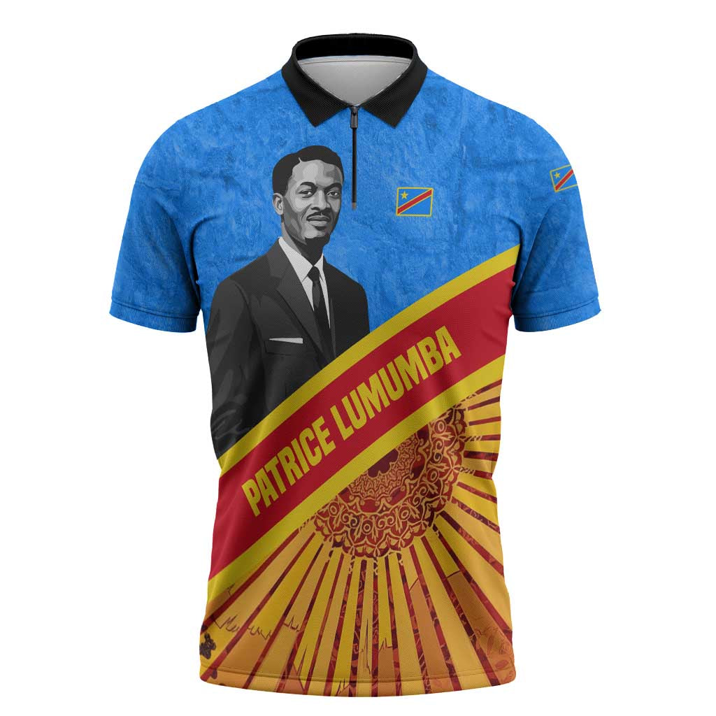 Patrice Lumumba Zipper Polo Shirt with Congolese Flag Colors and African History Quote - Wonder Print Shop