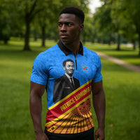 Patrice Lumumba Zipper Polo Shirt with Congolese Flag Colors and African History Quote - Wonder Print Shop