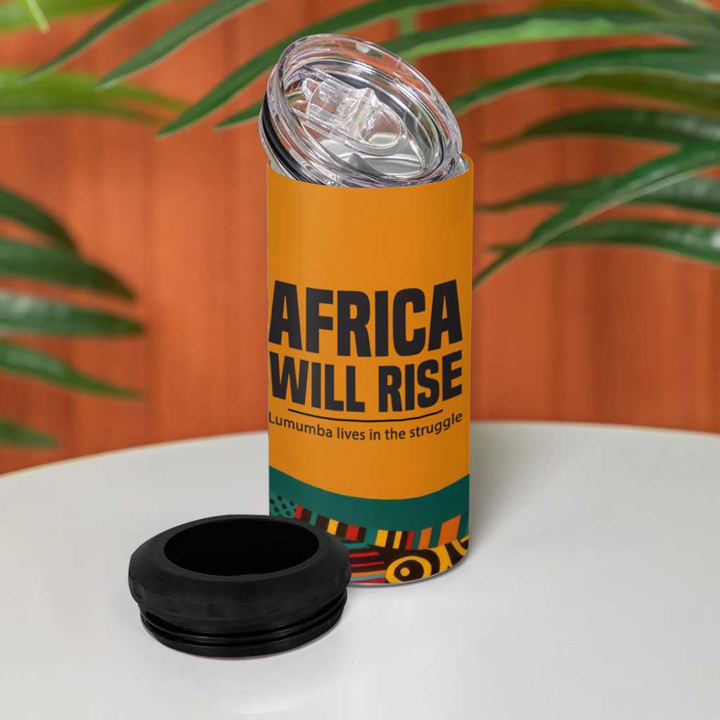 Patrice Lumumba 4 in 1 Can Cooler Tumbler with Profile Portrait and Bold Africa Will Rise Statement - Wonder Print Shop