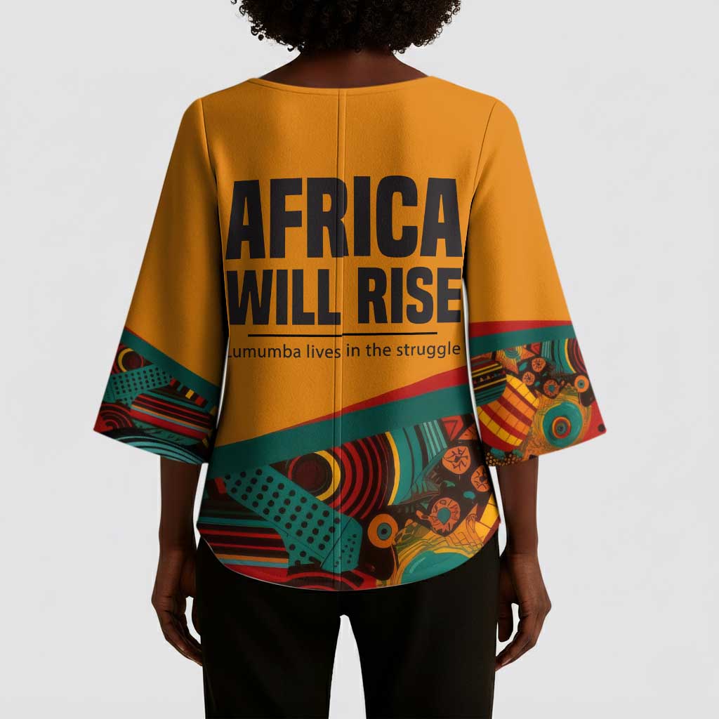 Patrice Lumumba Kimono Sleeve Blouse with Profile Portrait and Bold Africa Will Rise Statement - Wonder Print Shop