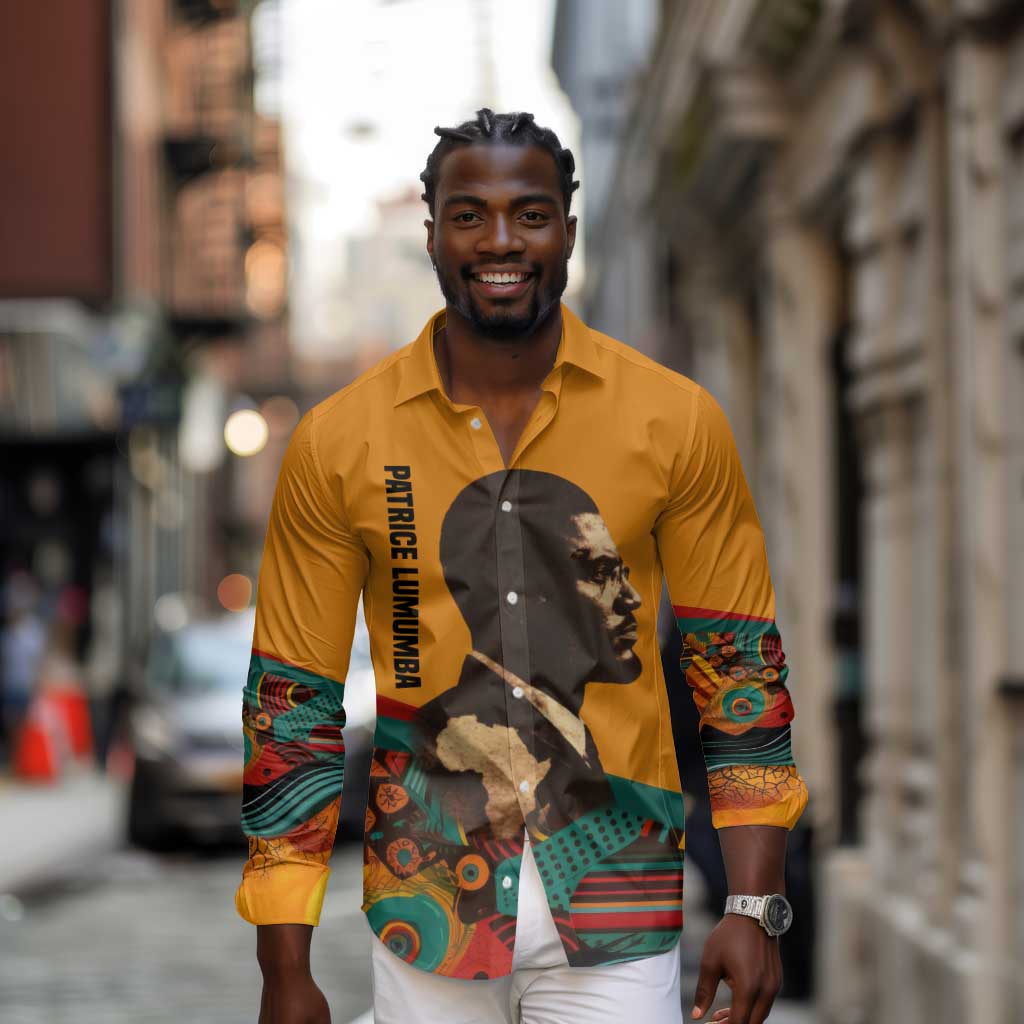 Patrice Lumumba Long Sleeve Button Shirt with Profile Portrait and Bold Africa Will Rise Statement - Wonder Print Shop