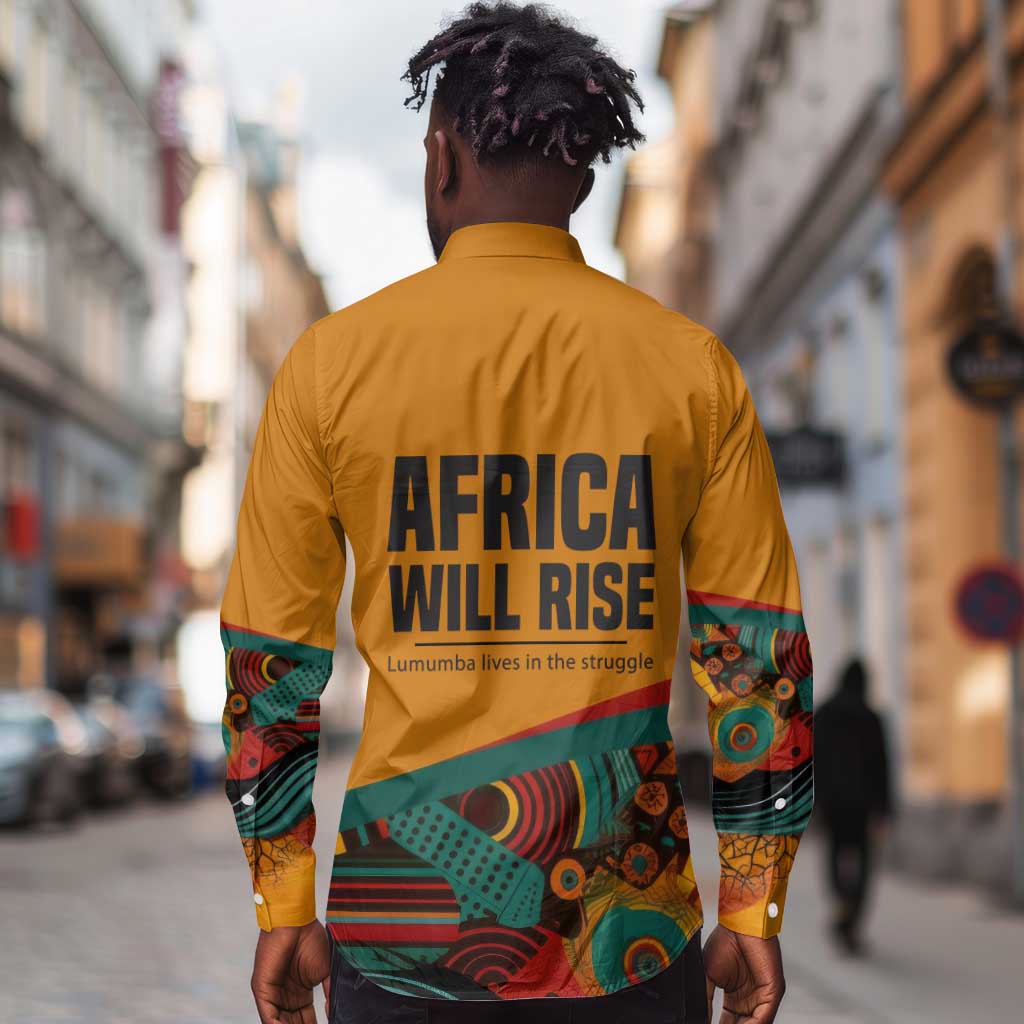Patrice Lumumba Long Sleeve Button Shirt with Profile Portrait and Bold Africa Will Rise Statement - Wonder Print Shop