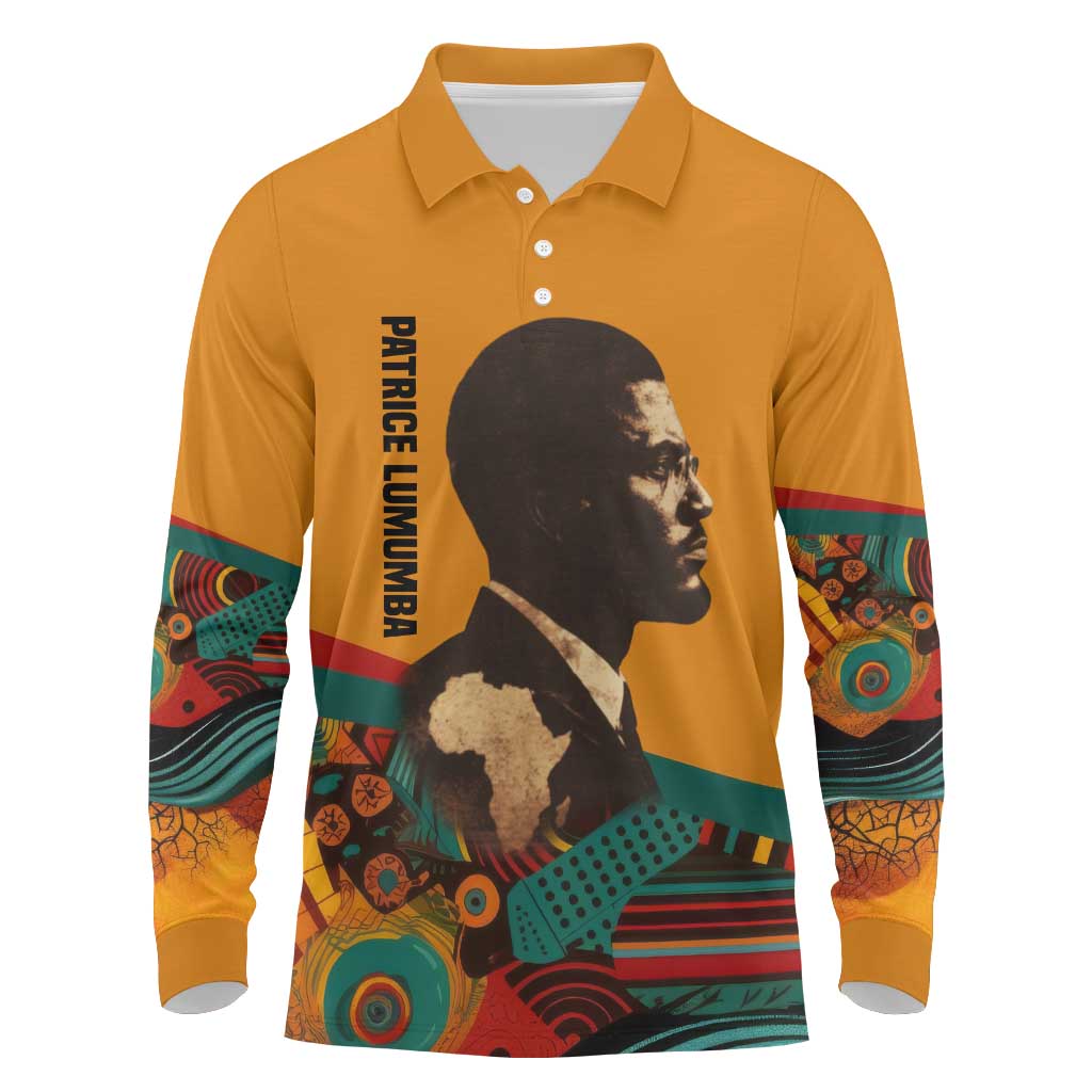 Patrice Lumumba Long Sleeve Polo Shirt with Profile Portrait and Bold Africa Will Rise Statement - Wonder Print Shop