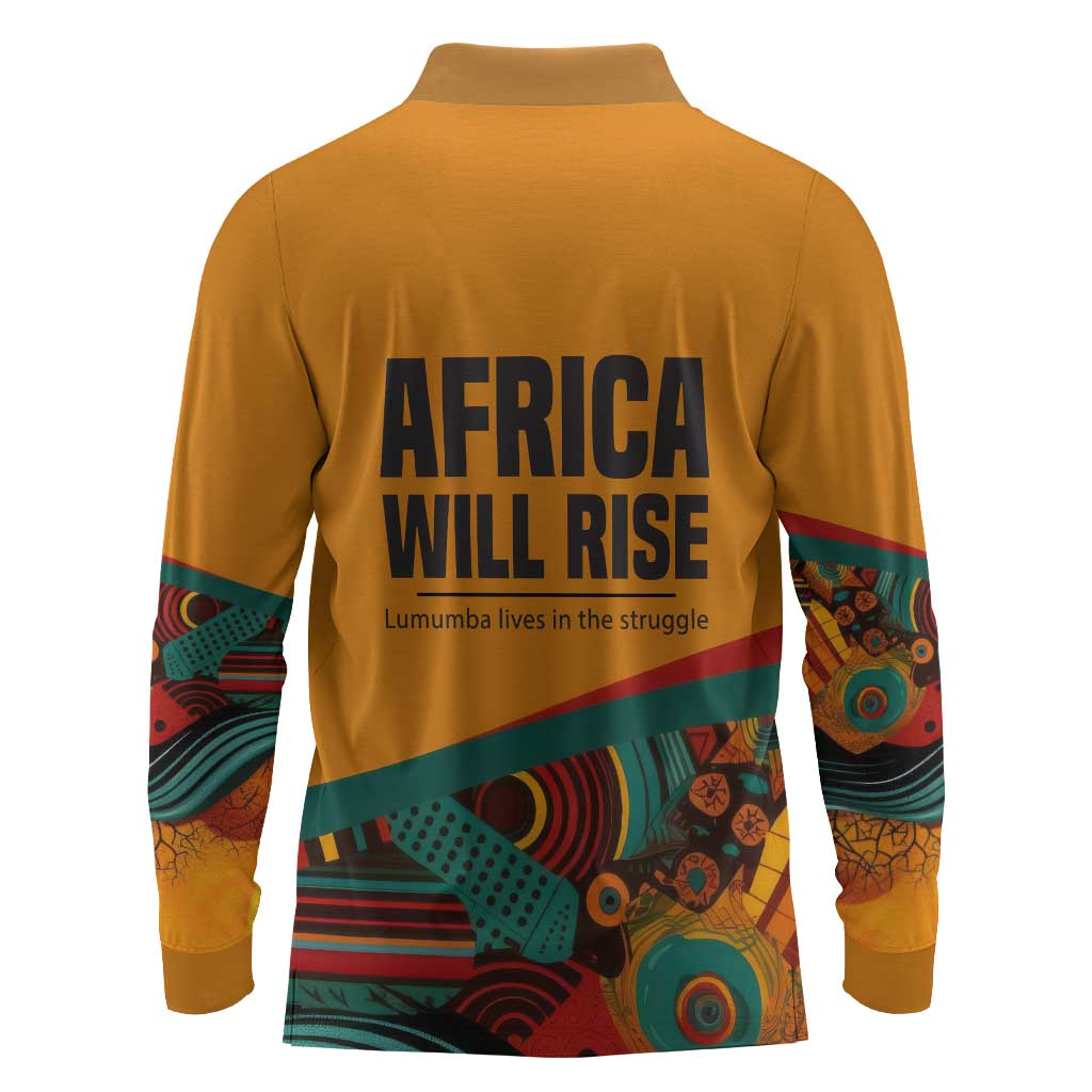 Patrice Lumumba Long Sleeve Polo Shirt with Profile Portrait and Bold Africa Will Rise Statement - Wonder Print Shop