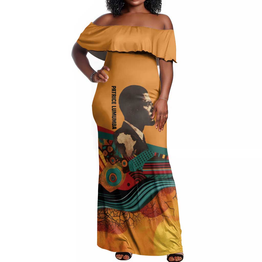 Patrice Lumumba Off Shoulder Maxi Dress with Profile Portrait and Bold Africa Will Rise Statement - Wonder Print Shop