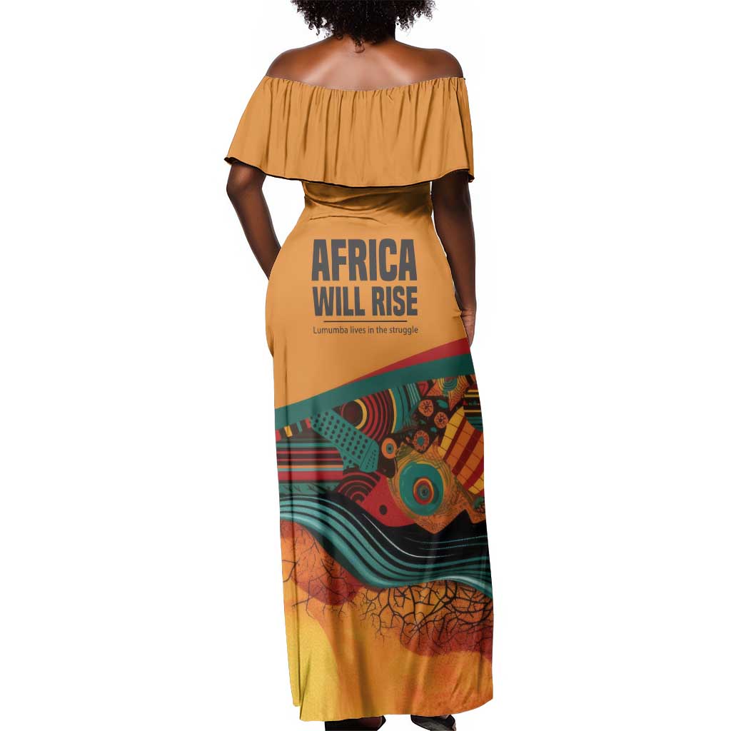 Patrice Lumumba Off Shoulder Maxi Dress with Profile Portrait and Bold Africa Will Rise Statement - Wonder Print Shop