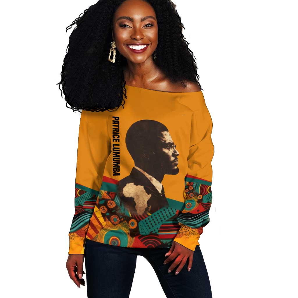 Patrice Lumumba Off Shoulder Sweater with Profile Portrait and Bold Africa Will Rise Statement - Wonder Print Shop