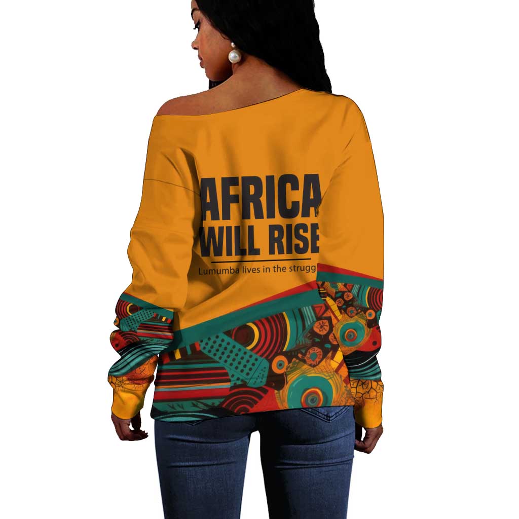 Patrice Lumumba Off Shoulder Sweater with Profile Portrait and Bold Africa Will Rise Statement - Wonder Print Shop