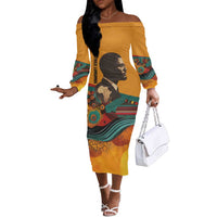 Patrice Lumumba Off The Shoulder Long Sleeve Dress with Profile Portrait and Bold Africa Will Rise Statement - Wonder Print Shop