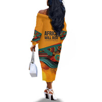 Patrice Lumumba Off The Shoulder Long Sleeve Dress with Profile Portrait and Bold Africa Will Rise Statement - Wonder Print Shop