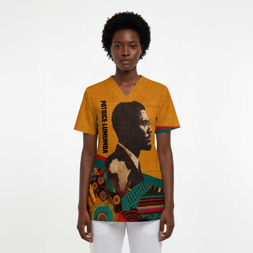Patrice Lumumba Scrub Top with Profile Portrait and Bold Africa Will Rise Statement - Wonder Print Shop