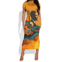 Patrice Lumumba Short Sleeve Bodycon Dress with Profile Portrait and Bold Africa Will Rise Statement - Wonder Print Shop