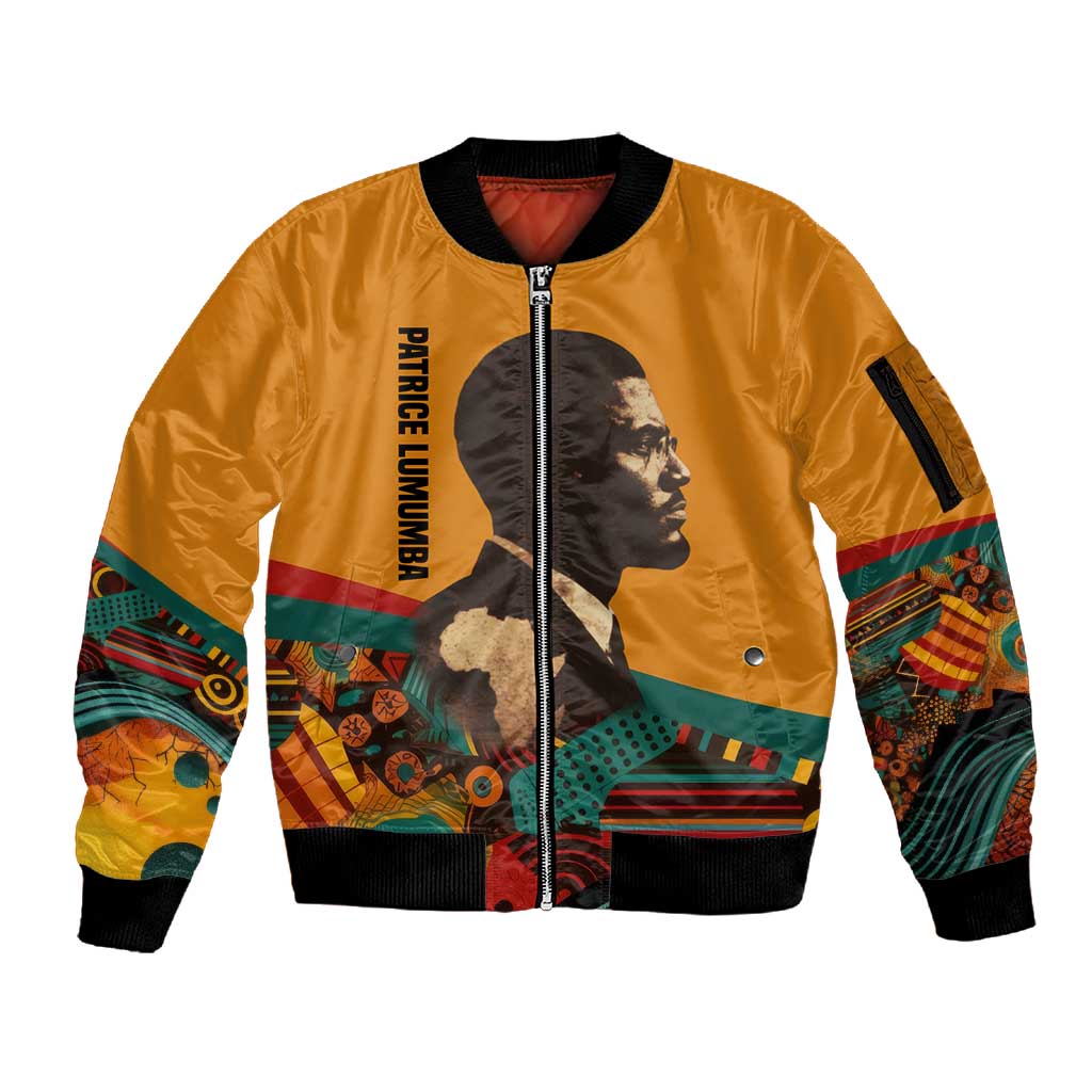 Patrice Lumumba Sleeve Zip Bomber Jacket with Profile Portrait and Bold Africa Will Rise Statement - Wonder Print Shop