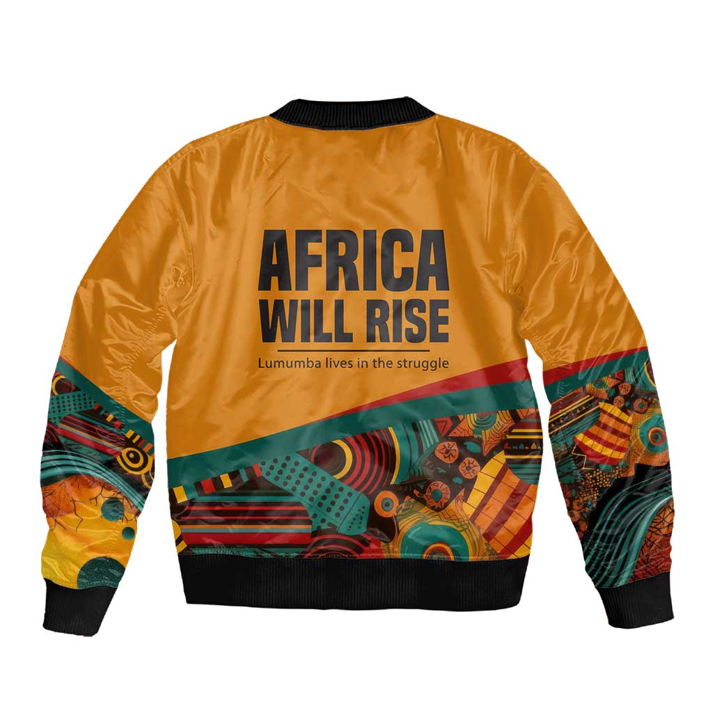 Patrice Lumumba Sleeve Zip Bomber Jacket with Profile Portrait and Bold Africa Will Rise Statement - Wonder Print Shop