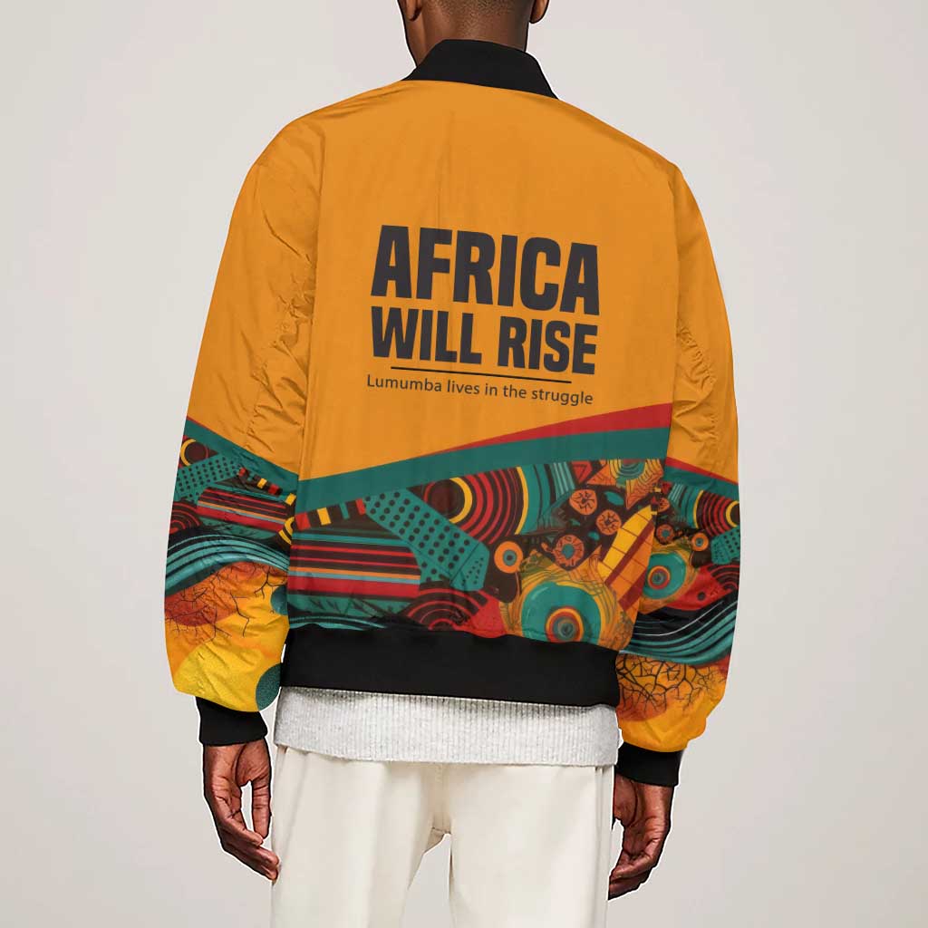 Patrice Lumumba Sleeve Zip Bomber Jacket with Profile Portrait and Bold Africa Will Rise Statement - Wonder Print Shop