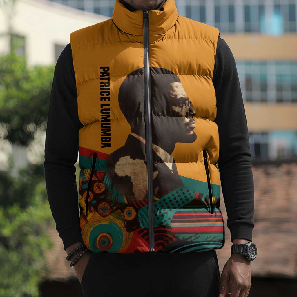 Patrice Lumumba Sleeveless Puffer Jacket with Profile Portrait and Bold Africa Will Rise Statement - Wonder Print Shop