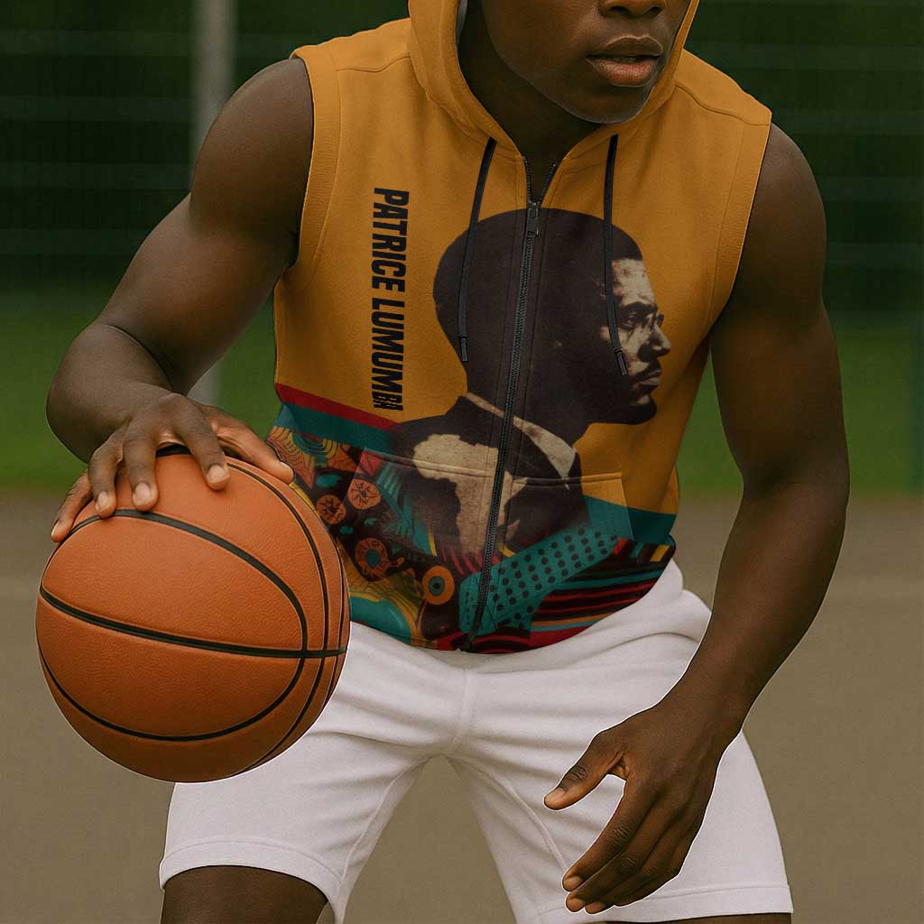 Patrice Lumumba Sleeveless Zip Hoodie with Profile Portrait and Bold Africa Will Rise Statement - Wonder Print Shop