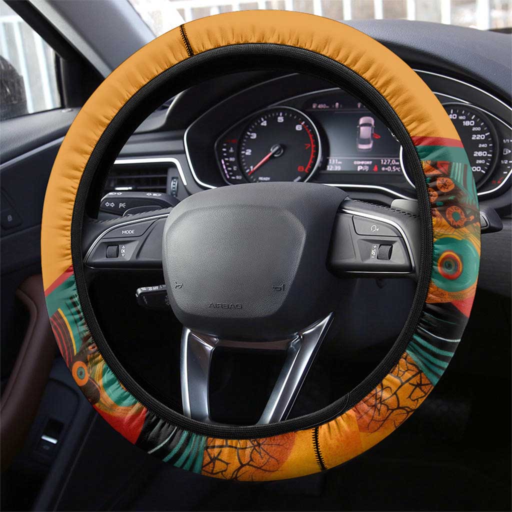 Patrice Lumumba Steering Wheel Cover with Profile Portrait and Bold Africa Will Rise Statement - Wonder Print Shop