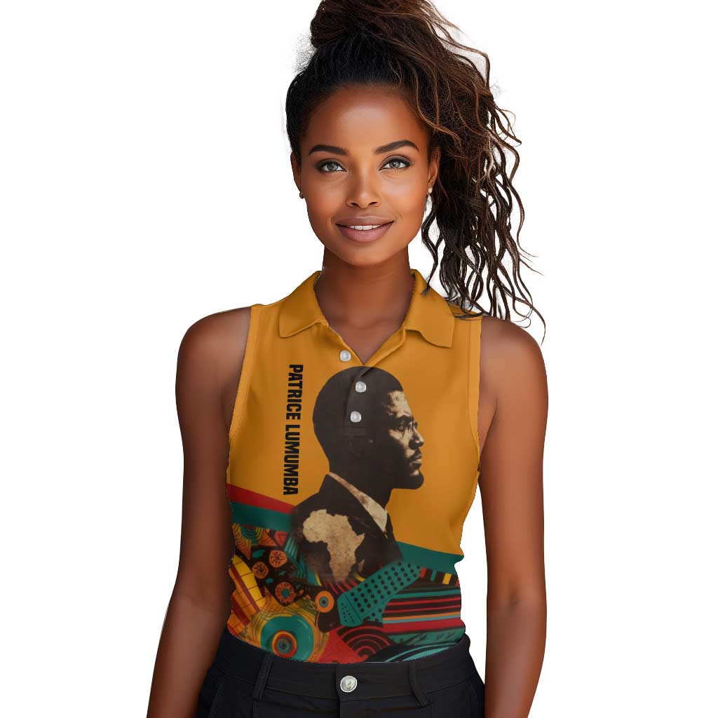 Patrice Lumumba Women Sleeveless Polo Shirt with Profile Portrait and Bold Africa Will Rise Statement - Wonder Print Shop