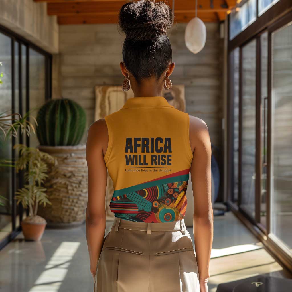 Patrice Lumumba Women Sleeveless Polo Shirt with Profile Portrait and Bold Africa Will Rise Statement - Wonder Print Shop
