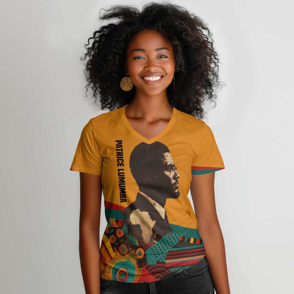 Patrice Lumumba Women V-Neck T-Shirt with Profile Portrait and Bold Africa Will Rise Statement - Wonder Print Shop