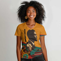 Patrice Lumumba Women V-Neck T-Shirt with Profile Portrait and Bold Africa Will Rise Statement - Wonder Print Shop