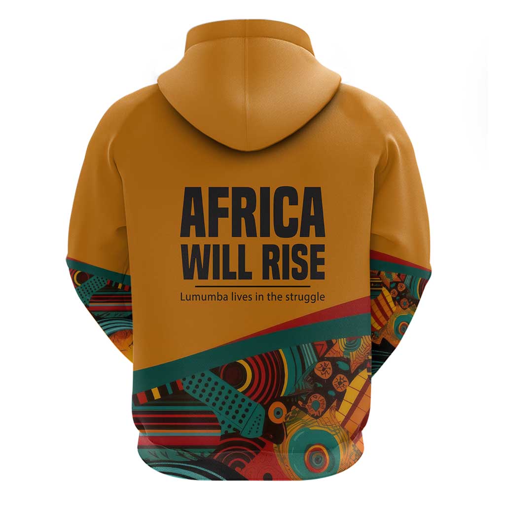 Patrice Lumumba Zip Hoodie with Profile Portrait and Bold Africa Will Rise Statement - Wonder Print Shop
