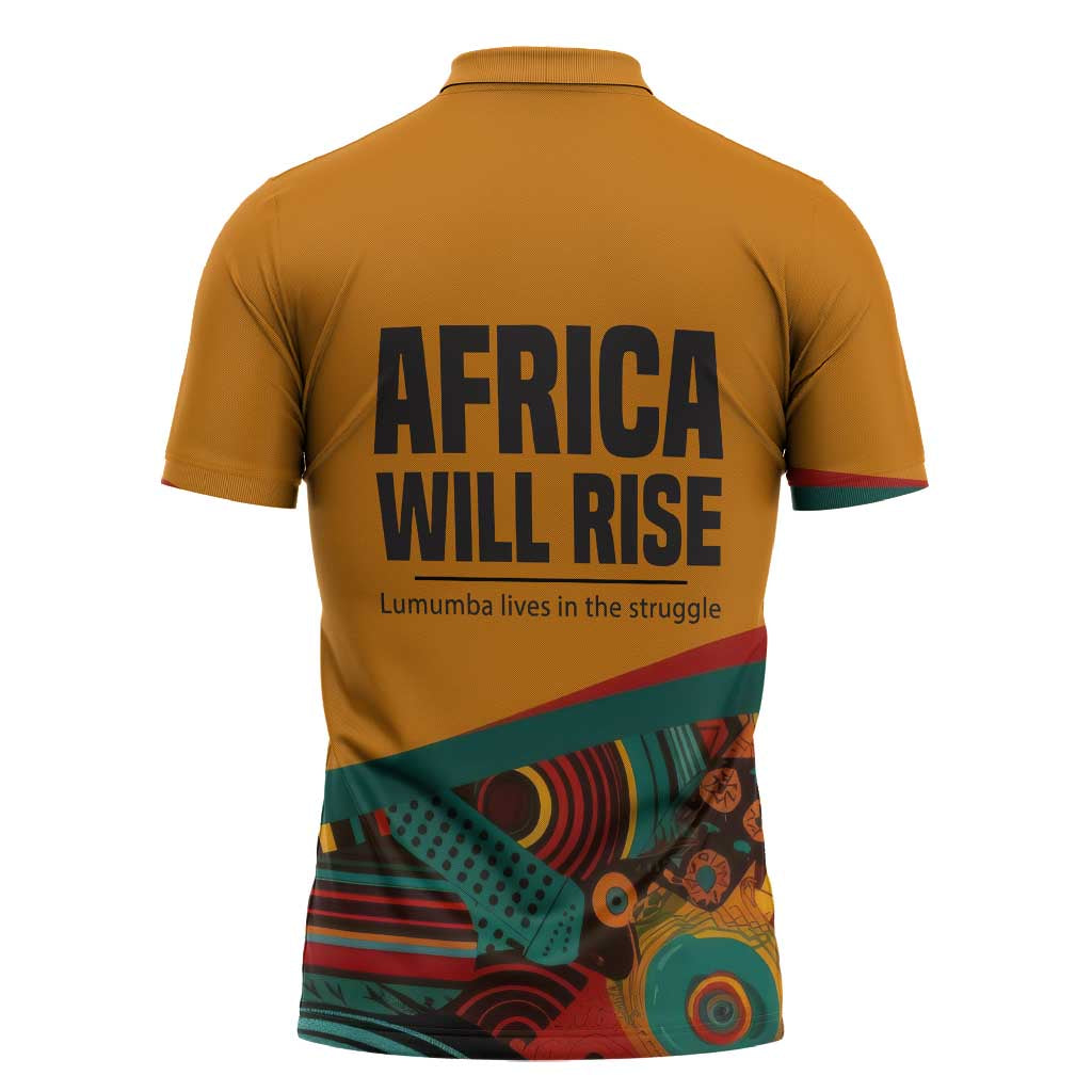 Patrice Lumumba Zipper Polo Shirt with Profile Portrait and Bold Africa Will Rise Statement - Wonder Print Shop